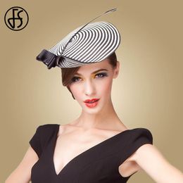 Stingy Brim Hats FS Fascinator Boda para mujer Elegante Negro Pluma blanca Rayas Cupido Pastillero Sombrero Cóctel vintage Lady Church Fedoras 230525