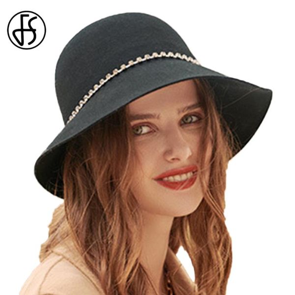 Chapeaux à bord avare FS large laine feutre dôme haut bassin Fedora pour femmes hiver Cloche chapeau Fedoras chapeau melon avec chaîne en cristal