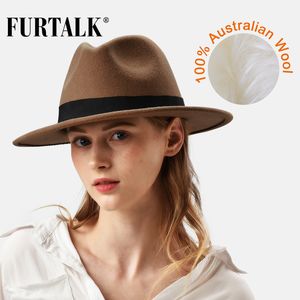 Gierige rand hoeden furtalk 100% Australische wol fedora voor vrouwelijke mannen vintage wide fedoras vilt jazzpaar cap zwart grijs bruin 230325