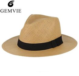 Stikte rand hoeden Gemvie trendy zomer Panama hoed klassieke jazz cap rietje voor mannen en vrouwen geweven zwarte band Fedoras Beach Sun Uni2674755