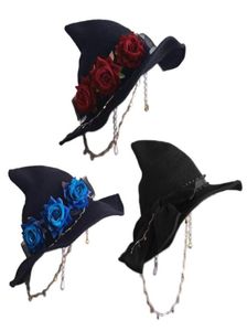 Chapeaux à bord avare Couvre-chef d'Halloween avec décoration de roses dans des costumes de style gothique sombre Lolita décoré chapeau de sorcière S03 21 Drop2598747