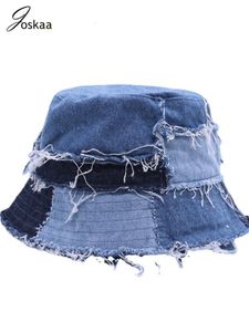 Stingy Brim Hats Joskaa Unique Beggar Y2K Denim Patchwork Fisherman Hat 2023 Fashion Holiday Casual Contrast Color Street Bucket Hats Summer 230411