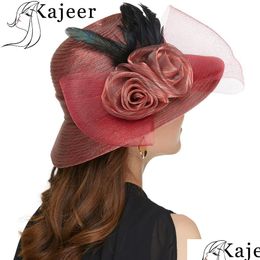 Kajeer Gaze Plume Fedora Chapeau Élégant Princesse Feutre Bord Chapeaux Bowknot Bowler Caps Soleil Dames Cap Drop Livraison Fa Dh1Os