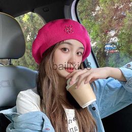 Stingy Brim Hats Korean Rose Red Beret Primavera y verano Sección delgada Transpirable Wild Retro Loose Knitted Painter Hat Cute Japanese Women's Hats J230802