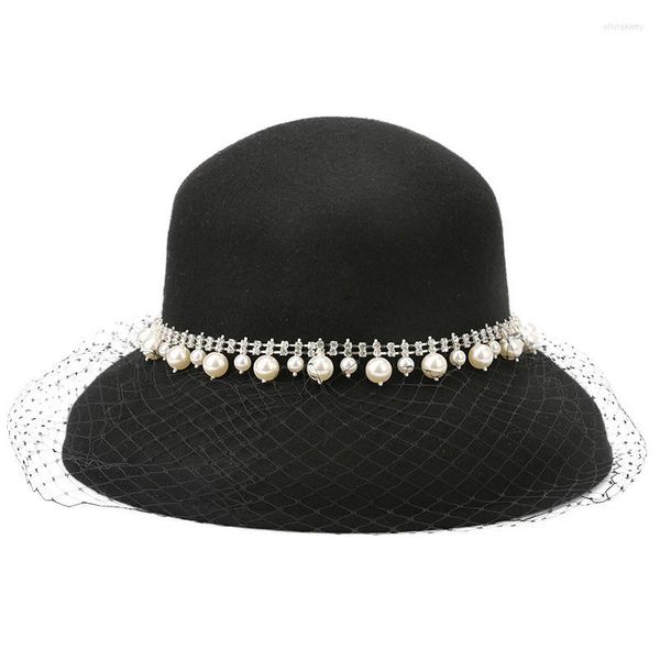 Stingy Brim Hats Ladies French Vintage Fedora Hat Mujeres Lana Black Pearl Dome Fieltro Atumn Winter Party