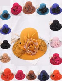 Шляпы со скупыми полями, женские корейские шерстяные фетровые шляпы с цветами, женские широкие топы, осень-зима, элегантные девушки, Хепберн, ветровая вечеринка, кепка, украшение4818845