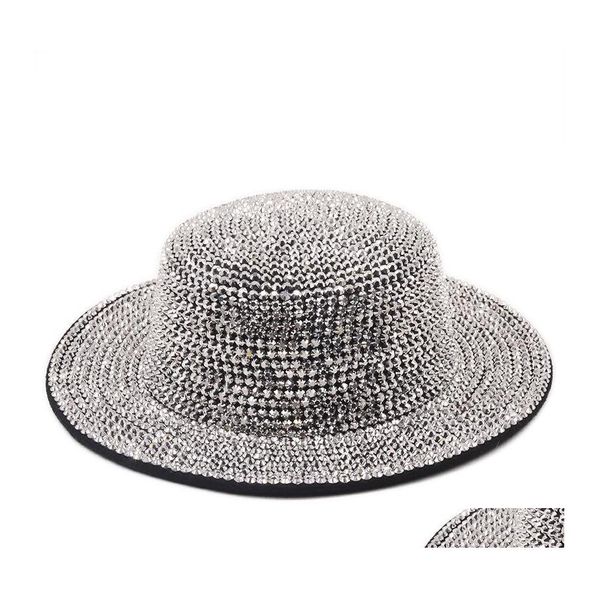 Chapeaux à bord avare de luxe strass haut plat Fedoras feutre Fedora chapeau femme femmes hommes Bling large casquette femmes casquettes hiver gros Dro Dh2Dx