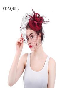 Gunstige rand hoeden marron mode sluiers fascinator hoed haarpen bruid elegante mesh fedora cap dames linnen kopstuk met 53059465874097