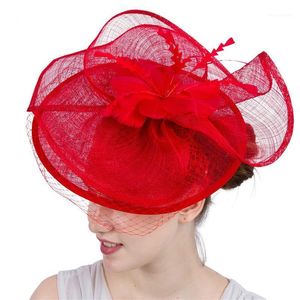 Stingy Brim Chapeaux Mingli Tengda Femmes Mesh Red Hat British Fashion Banquet Horse Racing Festival Mysterious Mask Coiffe Fascinator1