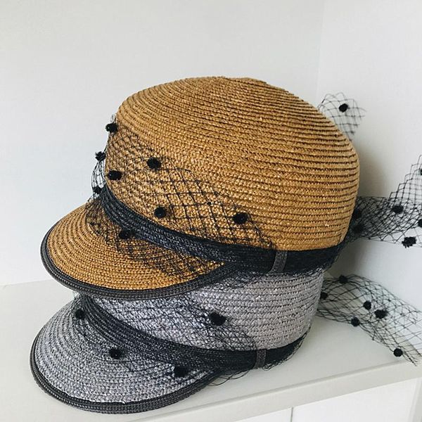 Chapeaux de bord avare Chapeau de soleil de paille naturelle pour femmes militaires Black Dot Veil Summer Beach Sboy Cap Bonnets d'extérieur Frog Bucket personnalisé