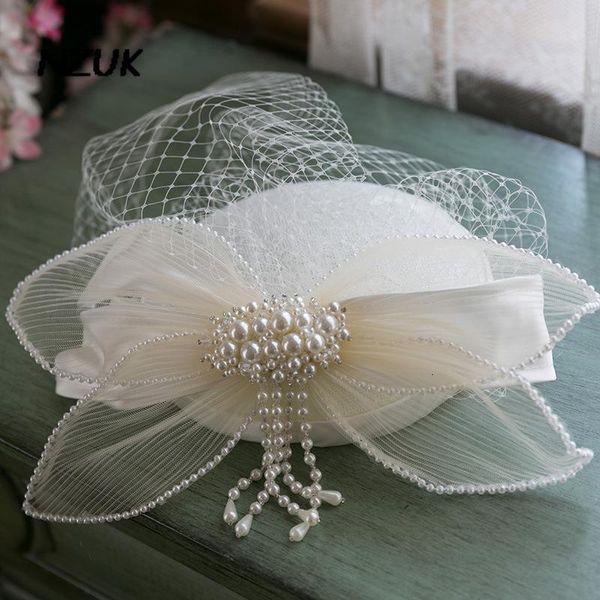 Chapeaux à bord avare NZUK fascinateur chapeau pinces à cheveux dames élégantes dentelle applique bowknot perle mariée voile de mariage casque église chapeau 230306