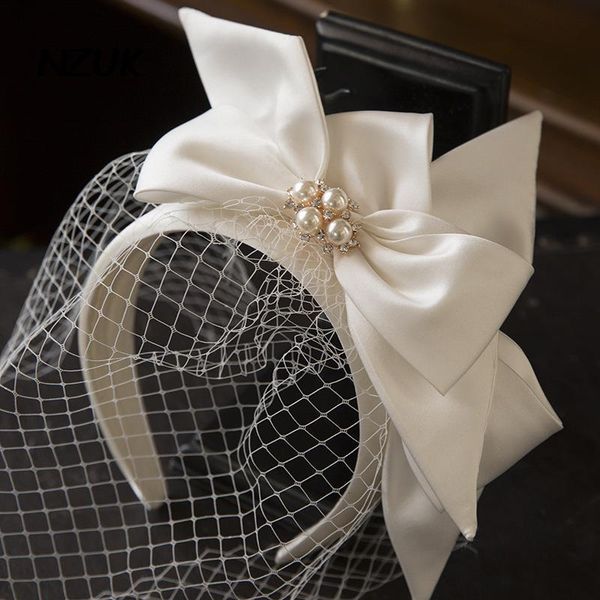 Stingy Brim Hats NZUK French White Pearl Bow Mesh Headwear Ladies Cocktail Derby Church Party Novia Mini Wedding Fascinator Hat Pinzas para el cabello 230306