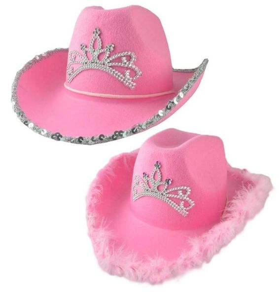 Chapeaux à bords avares Cowgirl rose pour femmes Cow Girl avec diadème cou cordon de serrage feutre accessoires de costume de cowboy chapeau de fête robe de jeu 2423036