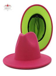 Chapeaux à bord avare QBHAT rose et vert lime patchwork laine feutre Fedora femmes grand Panama Trilby Jazz casquette chapeau Sombrero Mujer8224016
