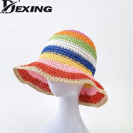 Stingy Brim Chapeaux Rainbow Striped Crochet Seau Chapeau Respirant Chapeau De Plage De Paille À La Main Chapeau De Soleil Femmes 230511