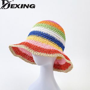 Stingy Brim Chapeaux Rainbow Striped Crochet Seau Chapeau Respirant Chapeau De Plage De Paille À La Main Chapeau De Soleil Femmes 230511