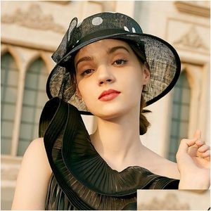 Gierige rand hoeden retro Britse top hoedbassin Europees en Amerikaanse elegante polka dot linnen avondjurk banket meisje drop levering dh8fx
