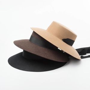 Gierig Rand Hoeden Retro Fedora Voor Vrouwen Herfst Winter Effen 100% Wol Hoge Hoed Platte Grote Brede Pet Vrouwelijke met Kinband 2021278r