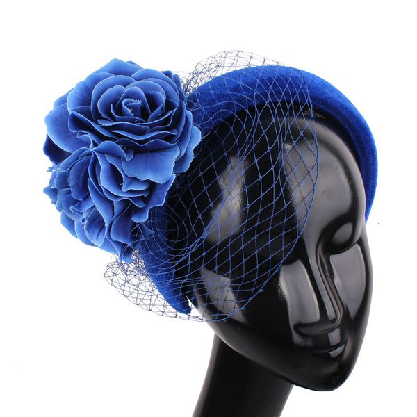 Stingy Brim Hats Royal Blue Fashion Headwear para novia elegante Flor de malla Fascinators Accesorios para el cabello Net Headdress Princess Women Hair Band 230729