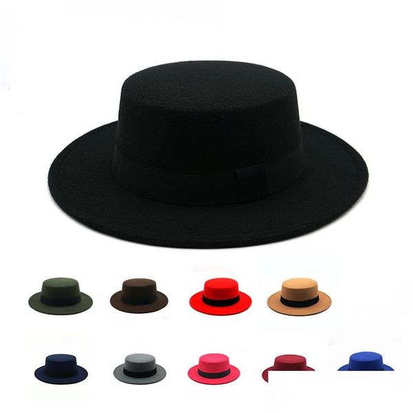 Stingy Brim Hats Small Women Men Fieltro Fedora Hat Flat Top Mujer Fedoras Hombre Otoño Invierno Cap Mujeres Hombres Gorras Fiesta Regalo de Navidad Dholp