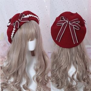 Stingy Brim Hats Soft Sweet Daisy Bow Hat French Biscuit Hat Beret Wool Painter Cap Side Fold Hairpin Lolita Accessoire Sweet Cute Female 220926