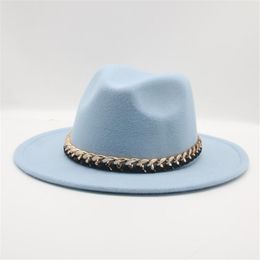 Stroom rand hoeden lente vrouwen mannen wol fedora hoed met goudketen lint brede jazz panama sombrero cap voor heer elegante dame