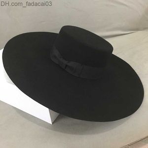 Stingy Brim Hats Stingy Brim Hats Estilo retro Big Warm Wide Brim Wool Fedora Hat Sombrero de fieltro negro Bow Flat Floppy Winter Hat para mujer Party Church Z230630