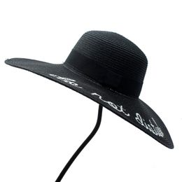 Geschikte rand hoeden zomer vrouwen borduurwerk toquilla stro zon hoed 14cm breed voor elegante dame vouwende koepel strand Fedora Sun-Shading Sunbonnet