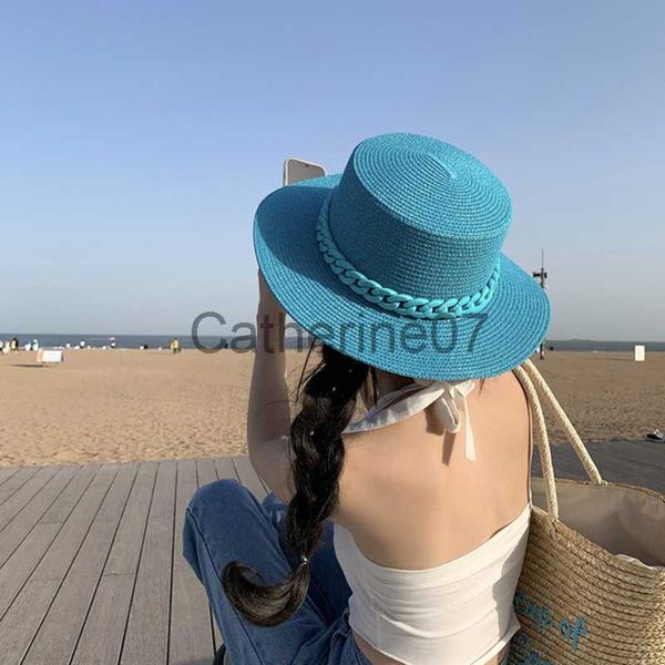 Chapeaux avares Chapeau d'été pour femmes, nouveau chapeau de paille réglable à dessus plat pour hommes et femmes, chapeau de soleil fedora, chapeau de plage jazz jaune fluorescent J230829