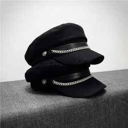 Gierige Rand Hoeden Utumn Winter Keten Blk Militaire Baretten Voor Vrouwen Vrouwelijke Platte Leger Cap Salior Hoed Meisje Reizen Baretten Dames schilders Cap J230802