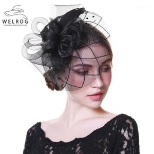 Chapeaux à bords avares WELROG Fascinators Chapeau Femmes Fleur Maille Rubans Plumes Fedoras Bandeau Ou Un Clip Cocktail Party Headwewar For2427