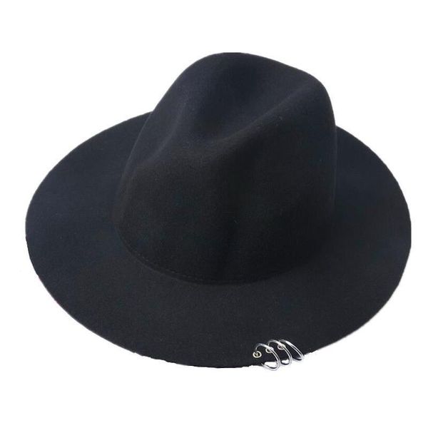 Stingy Brim Chapeaux Large Pin Anneaux En Métal Noir Plat Feutre Jazz Chapeau Automne Hiver Laine Melon Pour Femmes Hommes