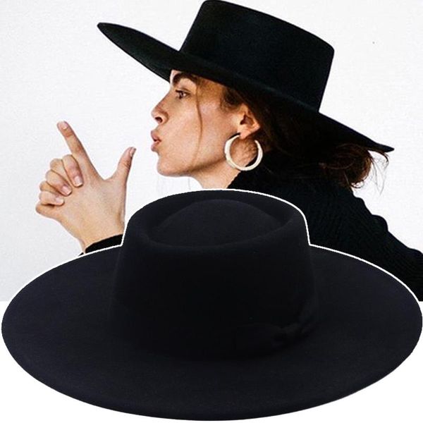 Sombreros de ala tacaños para mujer Otoño Invierno sólido Panamá lazo ancho nudo fieltro hombres gorras Formal británico Vintage clásico negro Fedora