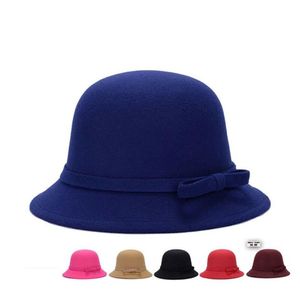 Stikte rand hoeden vrouwen dames winter vintage elegante fedoras wol boog-knoop vilt hoed cloche emmer caps270k