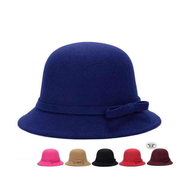 Stingy Brim Sombreros Mujeres Señoras Invierno Vintage Elegante Fedoras Lana Bow-knot Sombrero de fieltro Cloche Bucket Caps198Z