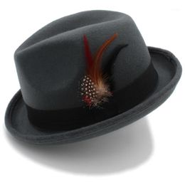 Chapeaux à bord avare femmes hommes Feminino feutre Fedora chapeau pour dame hiver automne laine retrousser Homburg Jazz Feather1263P