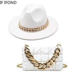 Gunstige rand hoeden vrouwen oversized ketting accessoire tas en fedoras 2 -piece sets mode luxe feestje bruiloft jazz 230412