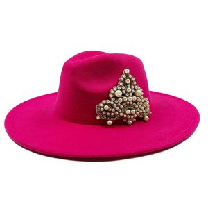 Stingy Brim Hats Women's Hat Wide Brim Simple Church Derby Top Hat Panama Solid Felt Fedora Hat for Women Jazz Cap Pearl Crown Accessoires 230602