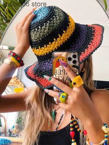 Gierige rand hoeden vrouwen zomer haken boho strand bohimian gestreepte stro regenboog emmer hoed cap ademtable t230503