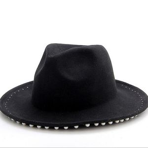 Sombreros de ala tacaños Sombrero Fedora de lana Sombrero de fieltro de Hawkins Sombrero ancho para damas Negro Feminino Perla Mujeres Jazz Padrino Sombreros