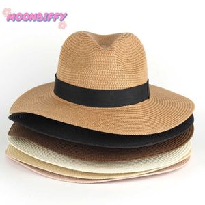 Stikte riem Panama Sun S Women Fashion Beach Straw Heren Sunshade Jazz Hat Soft ademende UV -bescherming Capeau Femme 1209 242N