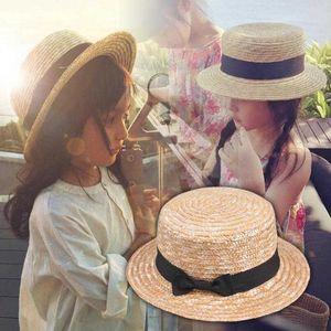 Stingy Hats Cute Child Girls Straw Bowknot Sun Hat Kids Large Brim Summer Boater Beach Ribbon Round Flat Top fedora hat 54CM 0103