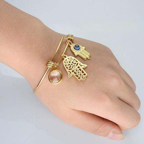 Edelstahl Evil Eye Fatima Hand Charm Armreif, verstellbares Armband mit Strass