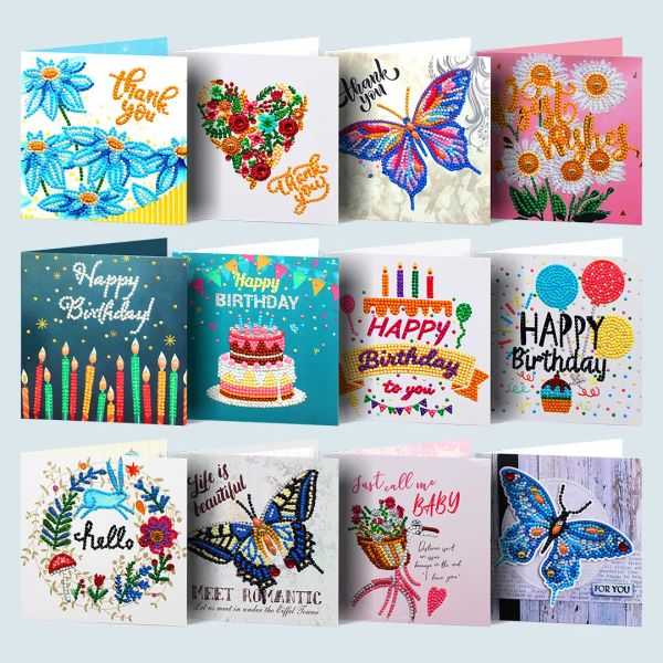 Stitch 12pcs 5d Diamond Painting Birthday Cards d'anniversaire pour enfants Butfly Flower DIY Special Shaped Diamond Brodery Art Crafts Kit