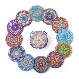 Stitch 12 pièces sous-verres d'art diamant avec support bricolage motif Mandala forte adhérence Kits de peinture diamant napperon de Table tapis de tasse