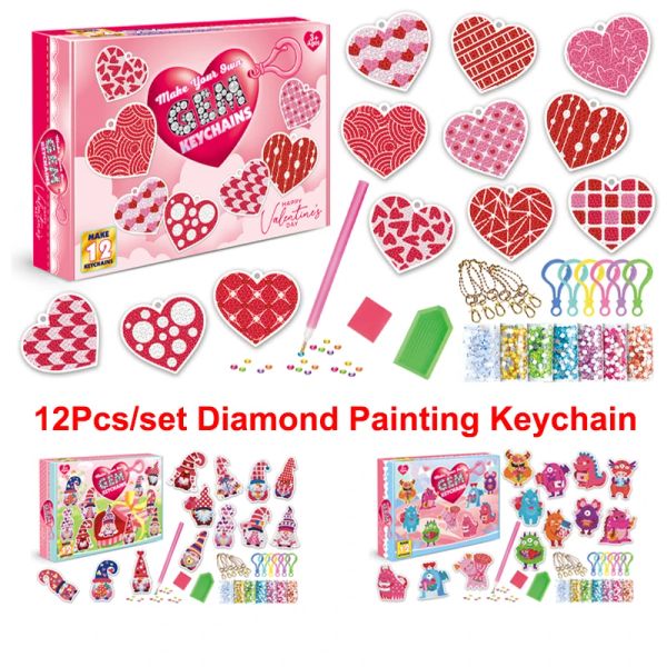 Stitch 12pcs DIY Valentin's Diamond Painting Keychain Love Heart Cartoon Diamond Brodery Mosaic Keyring Woman Woman Pendant Decorgift