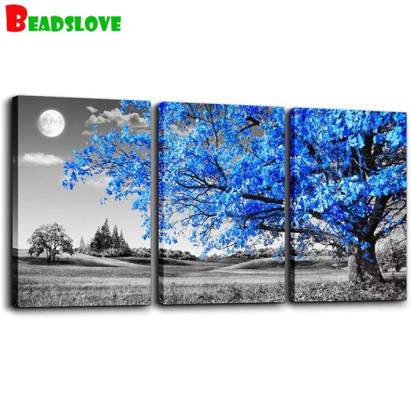 Stitch 3 pcs Diy Diamond Painting Blue Tree Moon Landsage Landage Diamond Broderie Full Square Round Diamond Mosaic Rhingestone Painting