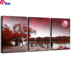 Stitch 3 pcs Red Tree Moon Scenery 5d Diamond Painting Triptych Full Full Driv Diy Diamond Broidy Mosaic Craft Kit Venture Home Decoration