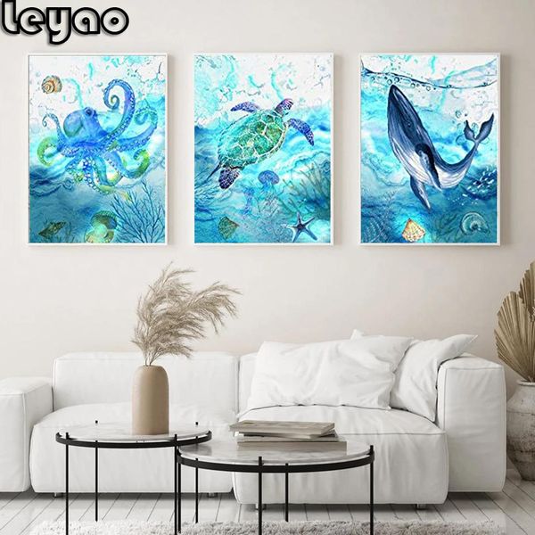 Puntada 3 PCS Animales de mar Tortuga Octopus 5D Pintura de diamante Diy Diamante Full Diamond Cross Stitch Diamond Mosaic Tríptico