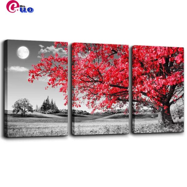 Stitch 3 Piezas Blanco Y Negro Luna Roja Paisaje De Árbol Pintura De Diamante Kit De Punto De Cruz Bordado De Diamantes Tríptico Mosaico Arte Hecho A Mano